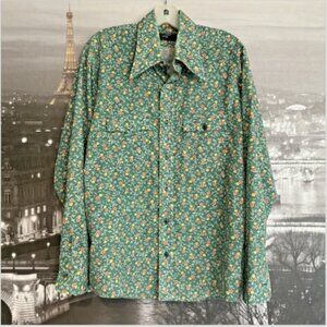 VTG 70s JC Penney Green Floral Shirt L Dagger Collar Western Retro Button Down